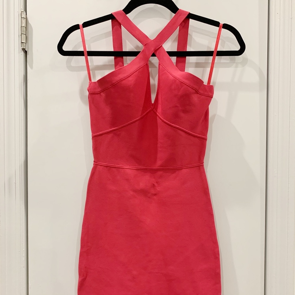 BCBGMaxAzria pink Martha cross-strap bodycon dress